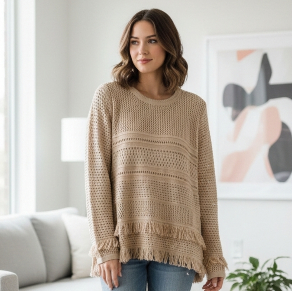 Chelsea and Theodore sweater tan with frin…